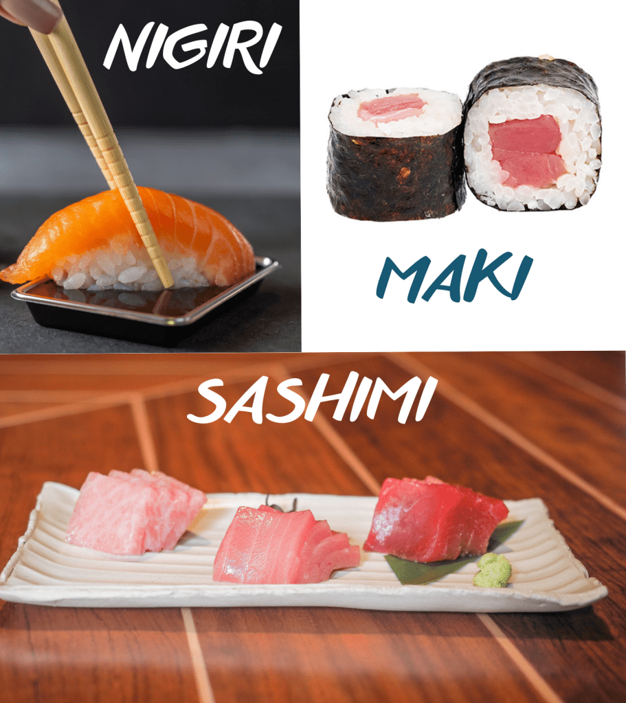Nigiri de salmón, Maki de atún, Cortes de Sashimi
